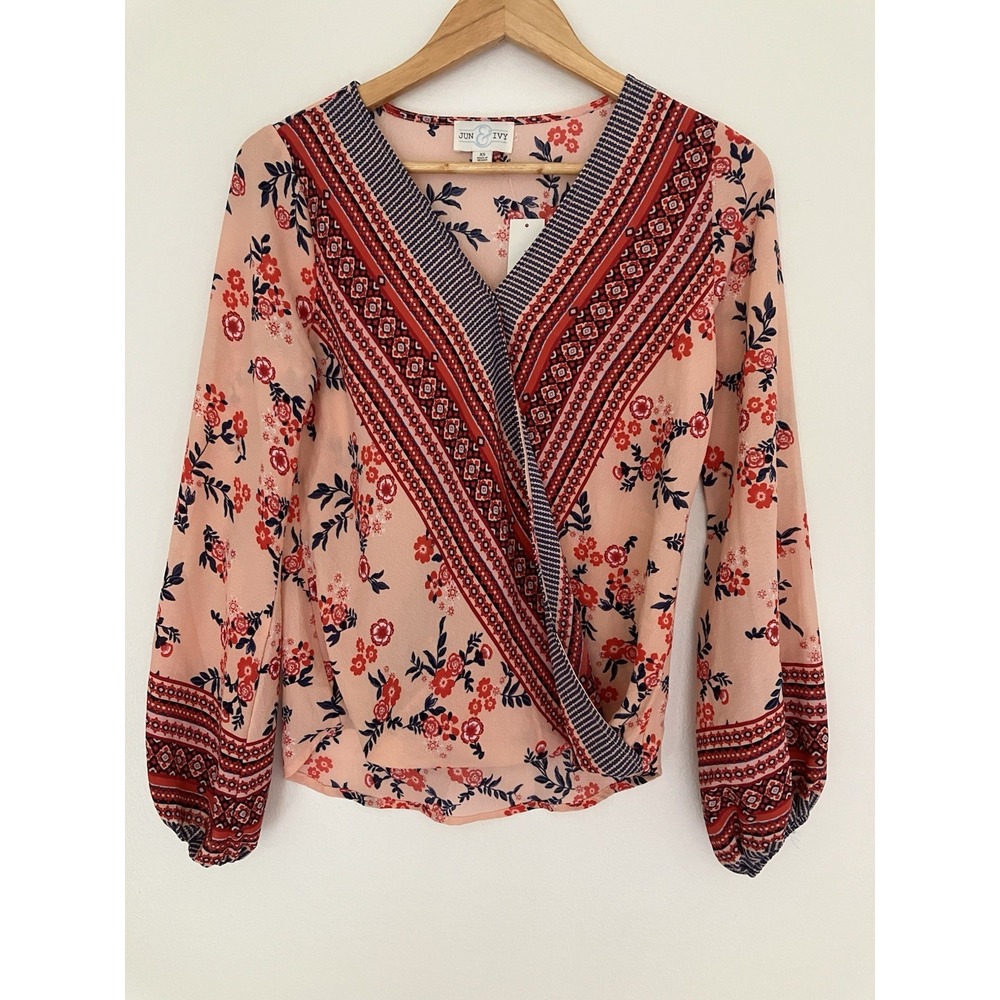 NWT Jun & Ivy Faux Floral Wrap Long Sleeve Blouse Size XS